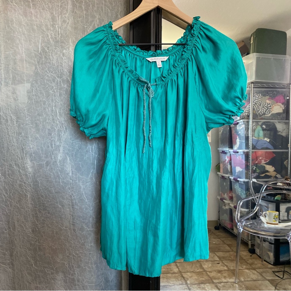 Croft & Barrow Women’s L Satin Teal Y2k Peasant Flowy Tie Front Blouse Top